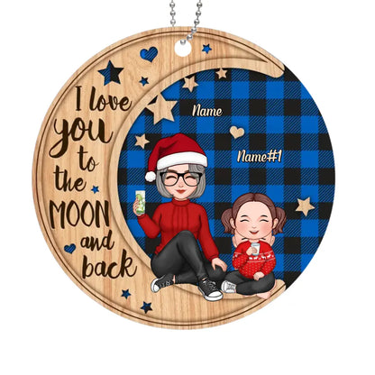 Checkered Pattern Doll Grandma & Grandkid On Moon Personalized Wooden Ornament