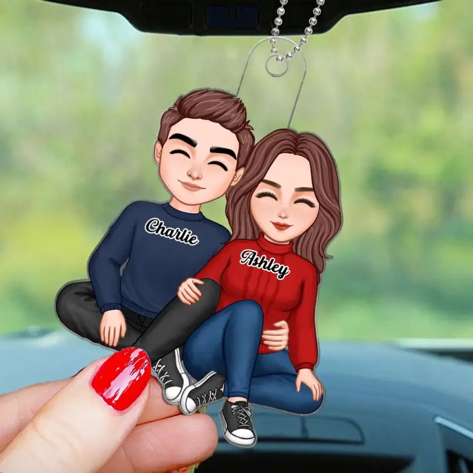 Cute Couple Sitting Hugging Personalized Acrylic Car Hanger