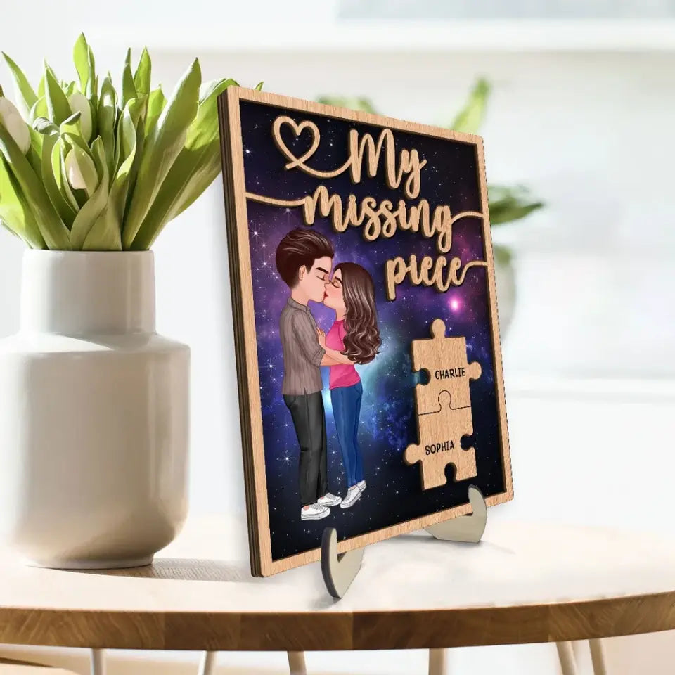 My Missing Piece Couple Kissing Galaxy Valentine‘s Day Gift For Him For Her Personalized 2-Layer Wooden Plaque