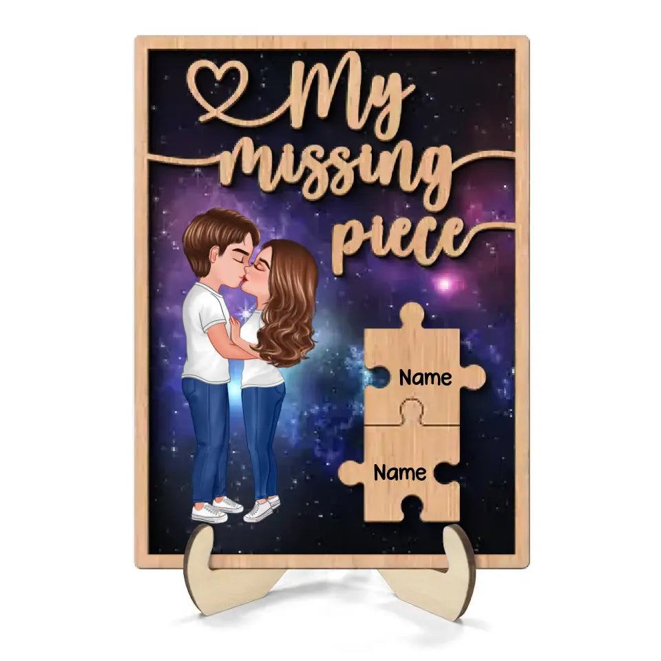 My Missing Piece Couple Kissing Galaxy Valentine‘s Day Gift For Him For Her Personalized 2-Layer Wooden Plaque