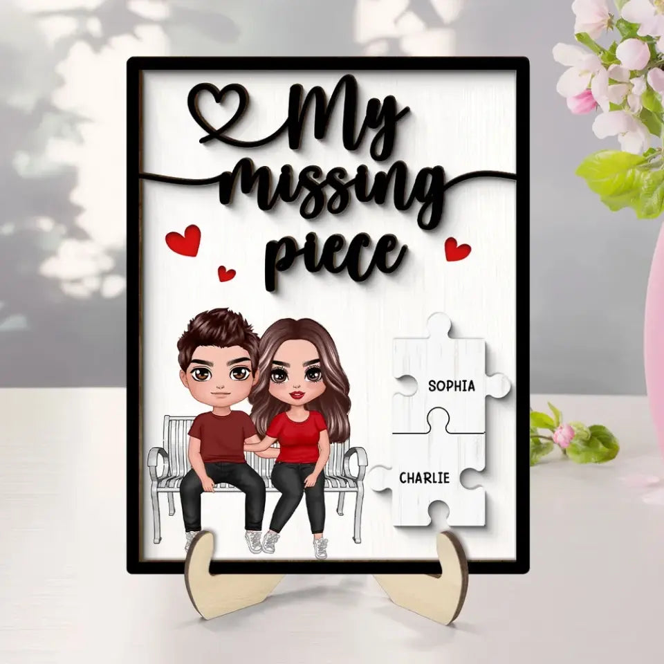 My Missing Piece Couple Sitting On Bench Valentine‘s Day Gift For Her Gift For Him Personalized 2-Layer Wooden Plaque