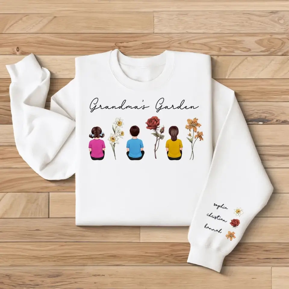 Grandma's Garden Back View Kid Sitting Birth Month Flower Personalized Sleeve Printed Sweatshirt