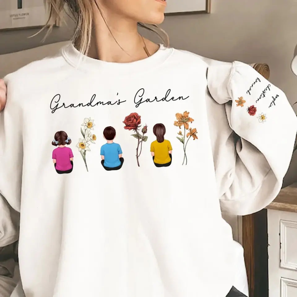 Grandma's Garden Back View Kid Sitting Birth Month Flower Personalized Sleeve Printed Sweatshirt