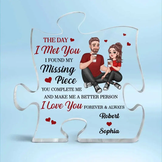 Cartoon Couple Sitting Found My Missing Piece Anniversary Gift For Him For Her Personalized Puzzle Acrylic Plaque