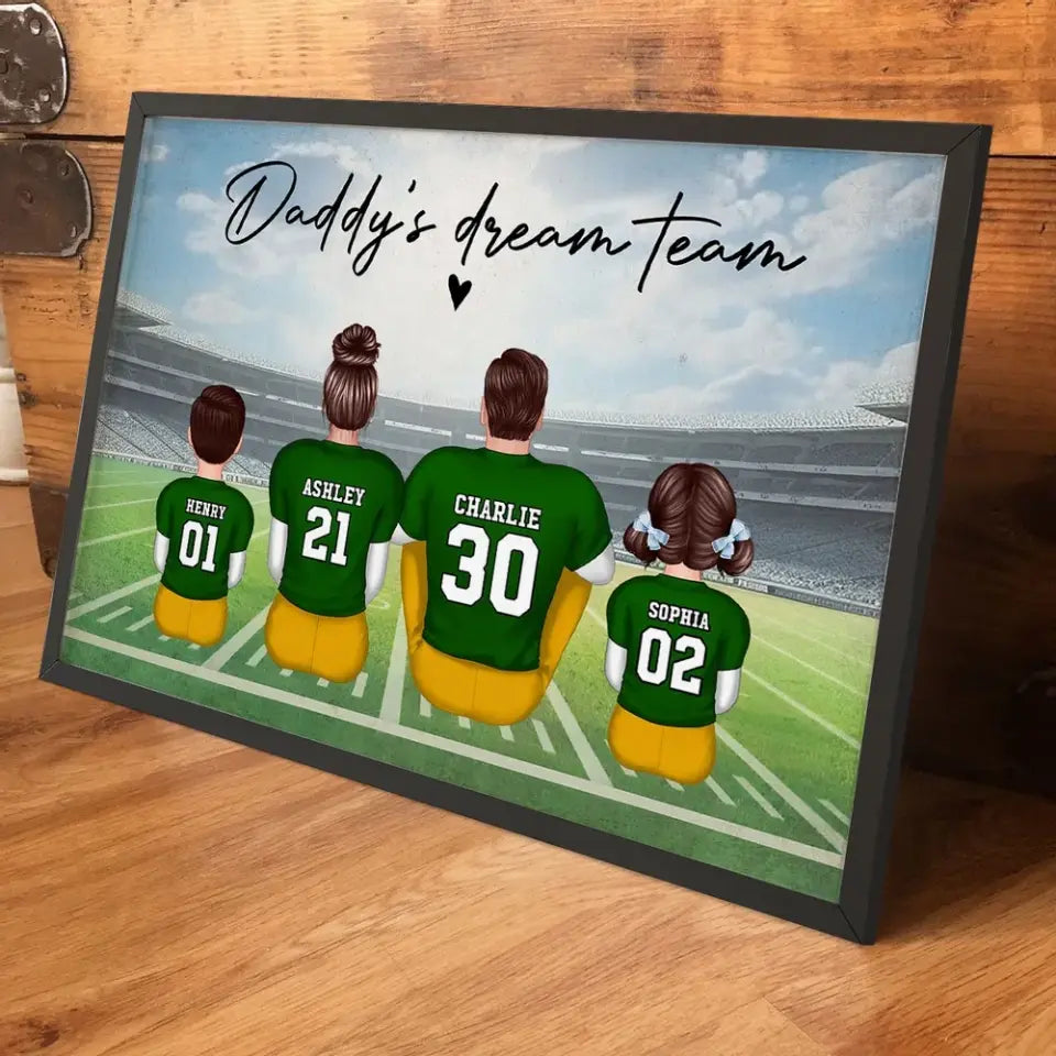 Daddy's Team Football Family Sitting Personalized Poster, Father's Day Gift For Dad, Grandpa, Husband