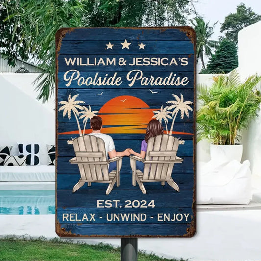 Swimming Pool Zone Decor Couple Sitting Personalized Metal Sign