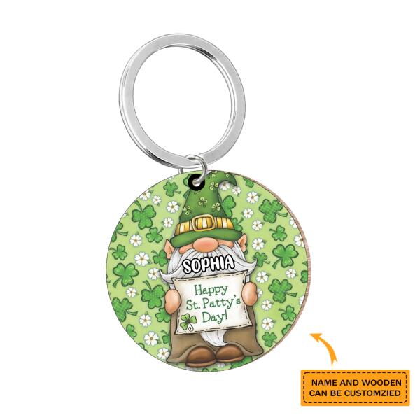 Personalized Clover & Gnomes Custom Name Wooden Keychain