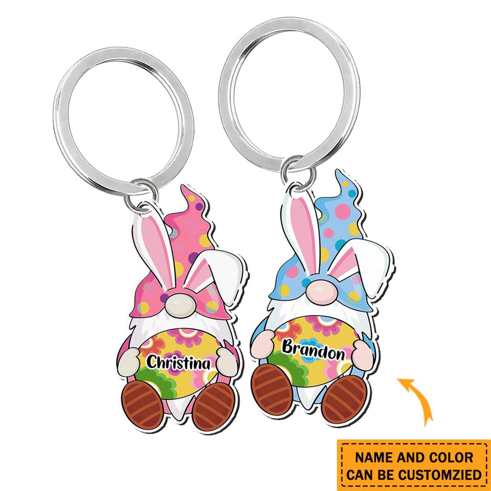 Personalized Couple Gnomes Bunny Custom Name Wooden Keychain