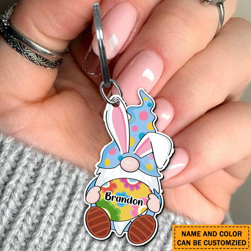 Personalized Couple Gnomes Bunny Custom Name Wooden Keychain
