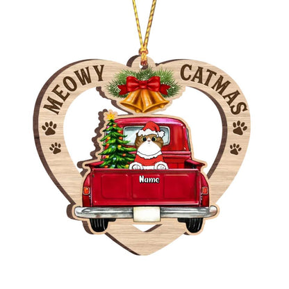 Personalized Heart Shape Peeking Cats In Christmas Truck  Wooden Ornament