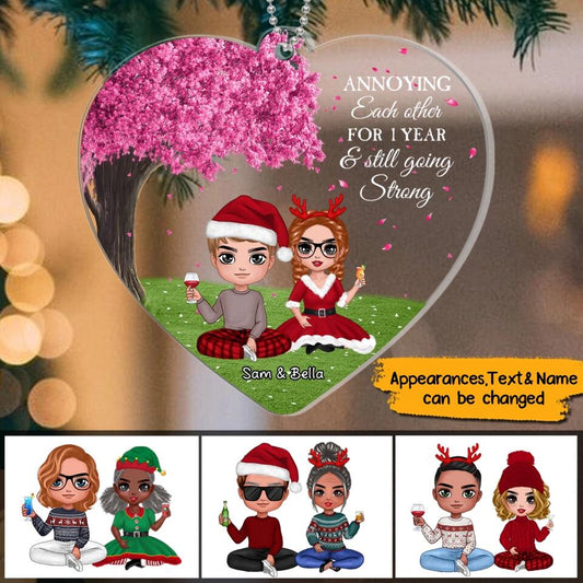 Annoying Each Other For 1 Year- Personalized Couple Heart Shape Christmas  Acrylic Ornament