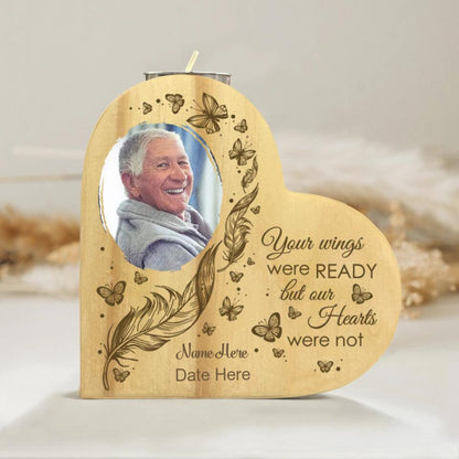 Your Wings were Ready But Our Hearts were Not - Personalized Memorial Candle Holder Heart-shaped Wooden