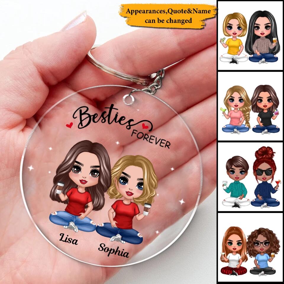 Doll Besties Sitting Always Sisters Besties Forever Personalized Circle Acrylic Keychain