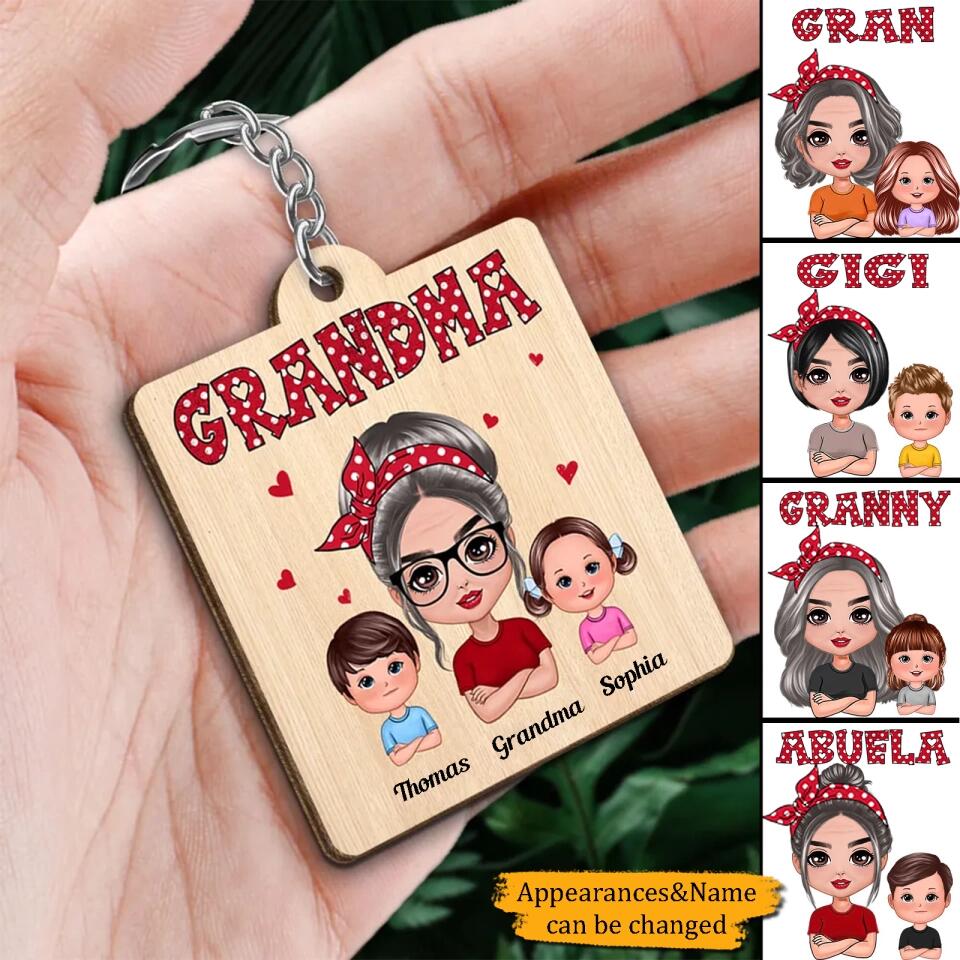 Polka Dot Pattern Grandma And Grandkids Personalized Wooden Keychain