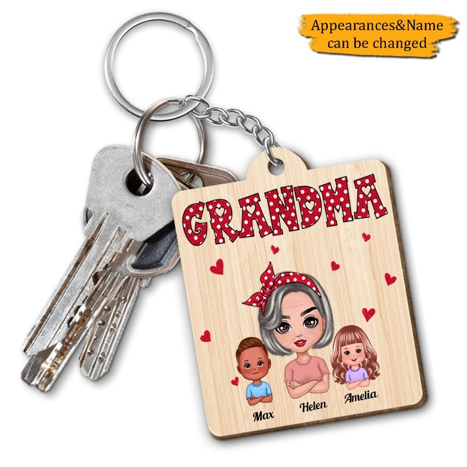 Polka Dot Pattern Grandma And Grandkids Personalized Wooden Keychain