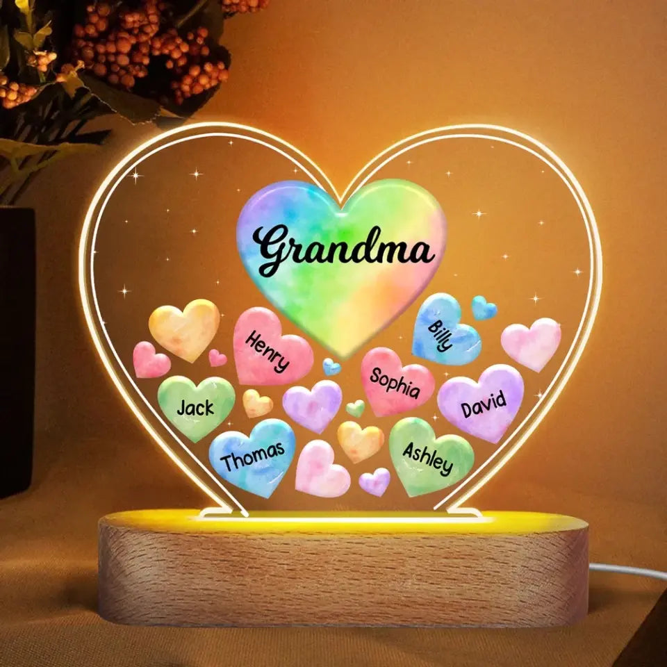 Grandma Mom Hearts In Heart Personalized Acrylic Heart LED Night Light, Mother's Day Gift